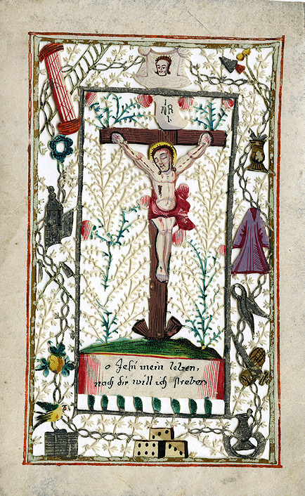 Gekruisigde Christus met lijdenswerktuigen, O Jesu mein leben, nach dir will ich streben.
